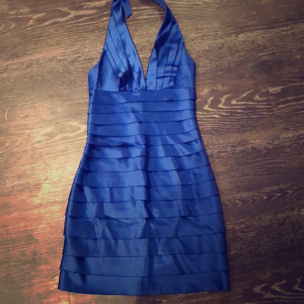 BCBG blue silky layered halter dress